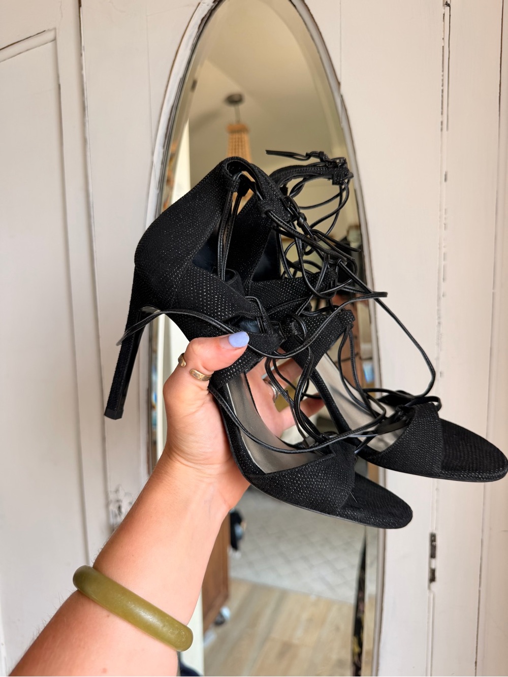 Stuart Weitzman Black Lace-Up Stiletto Sandals
